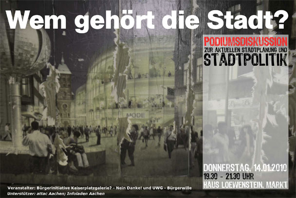 Wem gehört die Stadt?“ am Donnerstag, 14.01.2010, um 19.30 Uhr im Haus Löwenstein, Markt