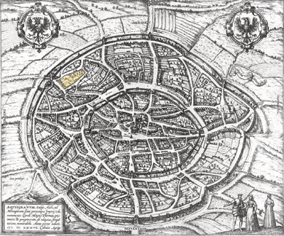 Denkmalschutz – Stadtansicht von 1576 mit Plangebiet (gelbe Markierung)